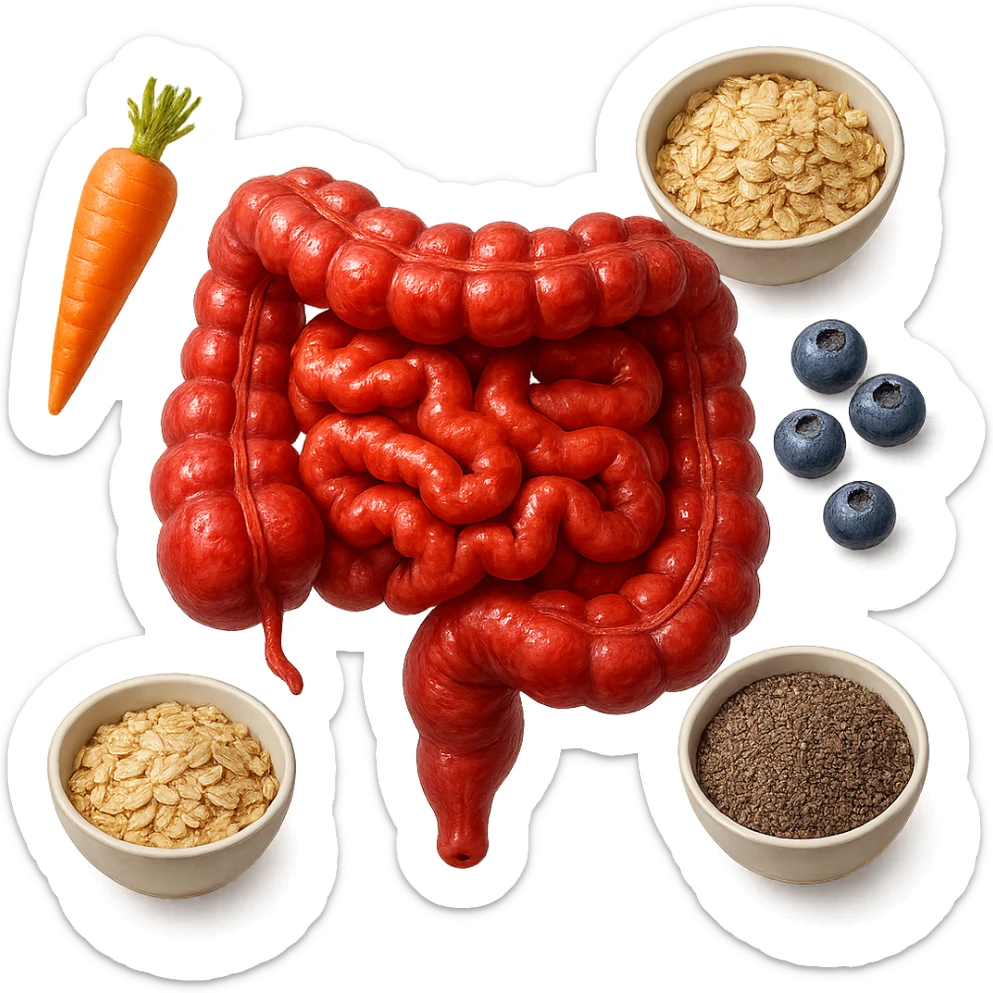 intestino umano anatomico infiammato al centro con carota, bowl di avena, mirtilli, bowl di semi di chia che gli fluttuano intorno , iperrealistico 4k sticker