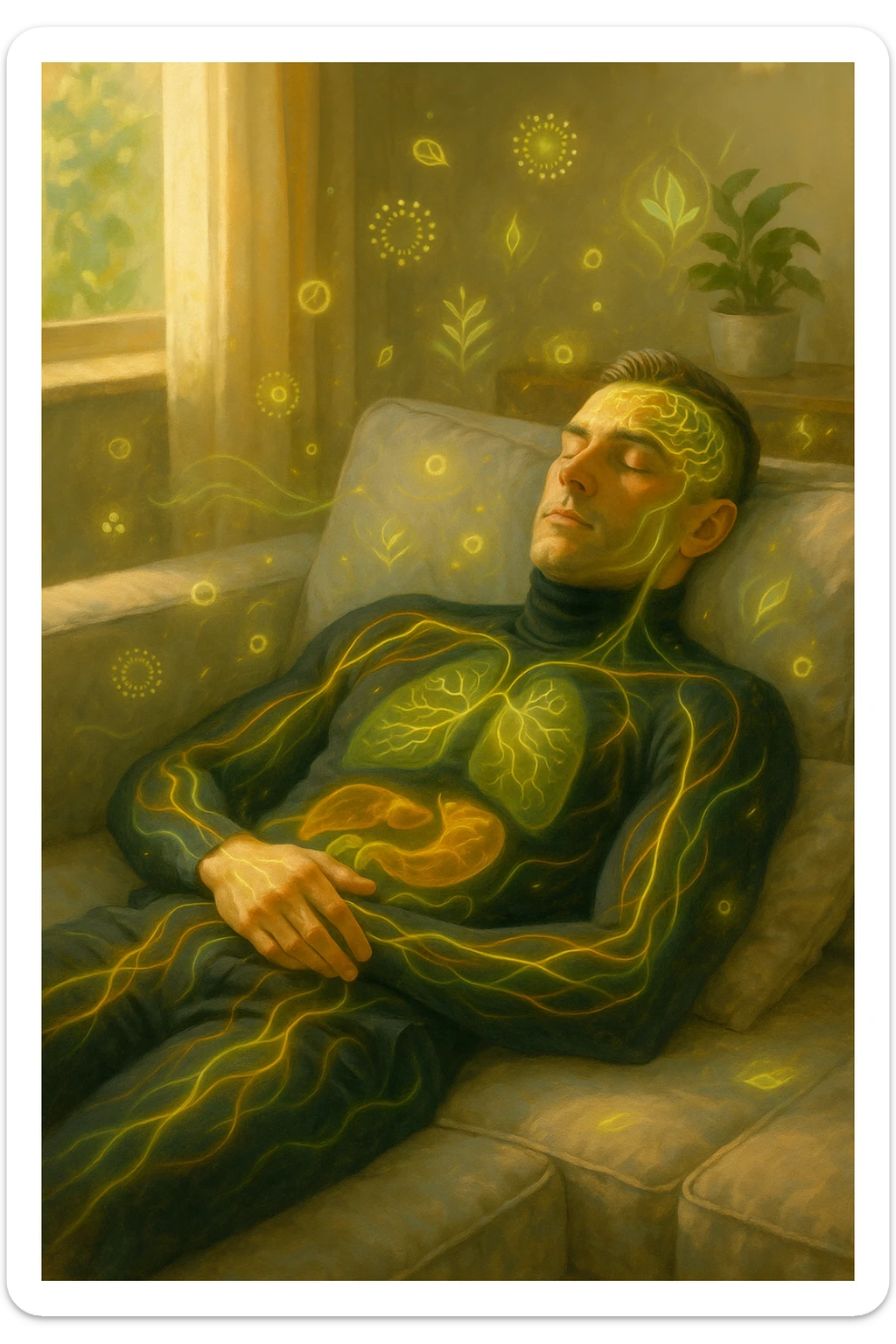Uomo sdraiato su un divano nel primo pomeriggio, mentre fa un breve riposino. Il suo corpo appare parzialmente trasparente o stilizzato, con luce calda e flussi energetici dorati e verdi che scorrono attraverso muscoli, cervello, e organi. Intorno a lui si vedono piccoli simboli di rigenerazione: cellule che si rinnovano, tessuti che si illuminano, aura rilassata. L'ambiente è calmo e ordinato, luce naturale che entra da una finestra, atmosfera rigenerante, stile iperrealistico con accenti metaforici. sticker