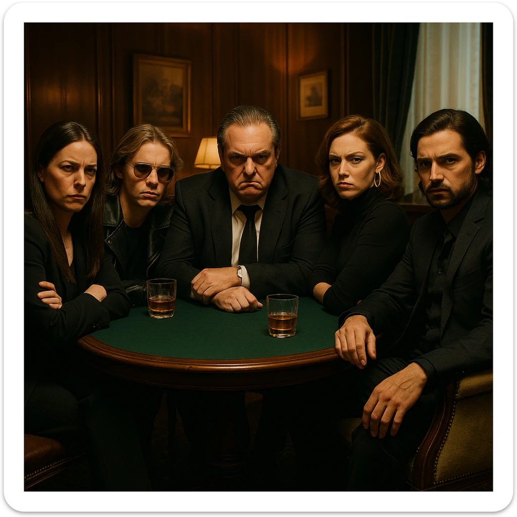 Grupo de personas que trabajan en la industria musical con aires de superioridad, conversando en grupo en una mesa privada, viendo de forma despectiva a la cámara, cerrando el espacio a la persona que está llegando y haciéndole saber con sus miradas y expresiones que nadie más es bienvenido aquí. sticker