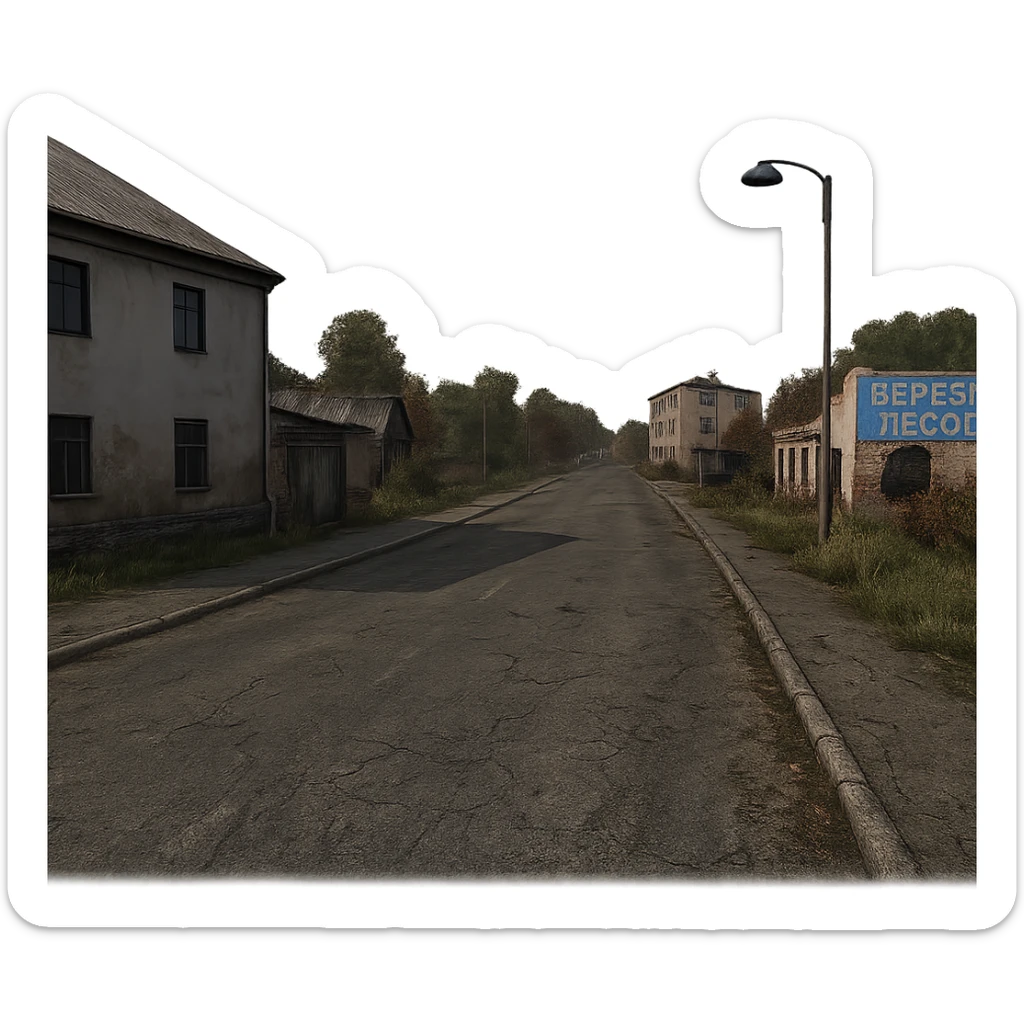 a view of the city street in a videogame: DayZ - in the town of berezio "lumber" sticker