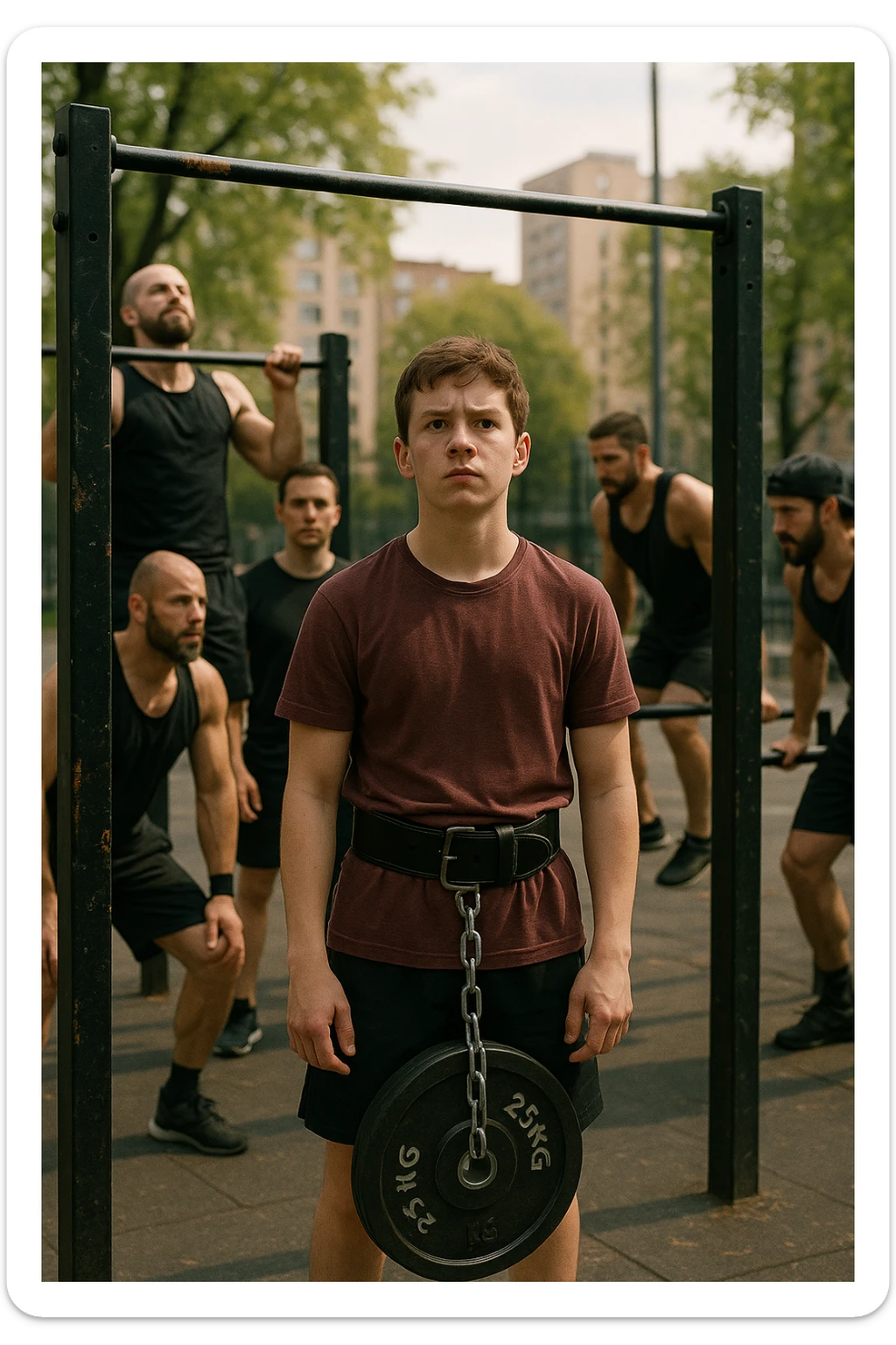 Giovane atleta neofita, fisico normale e non ancora sviluppato, si allena per la prima volta in uno spazio urbano per streetlifting: sbarra per trazioni, parallele, e pesi appesi alla cintura. L’ambiente è un parco cittadino o un’area outdoor sportiva, con luce naturale. L’atleta guarda la sbarra con determinazione e un po’ di insicurezza, ma con forte motivazione. Intorno, altri atleti più esperti. Stile realistico, atmosfera motivazionale, toni energici ma credibili, senso di inizio di un percorso sticker