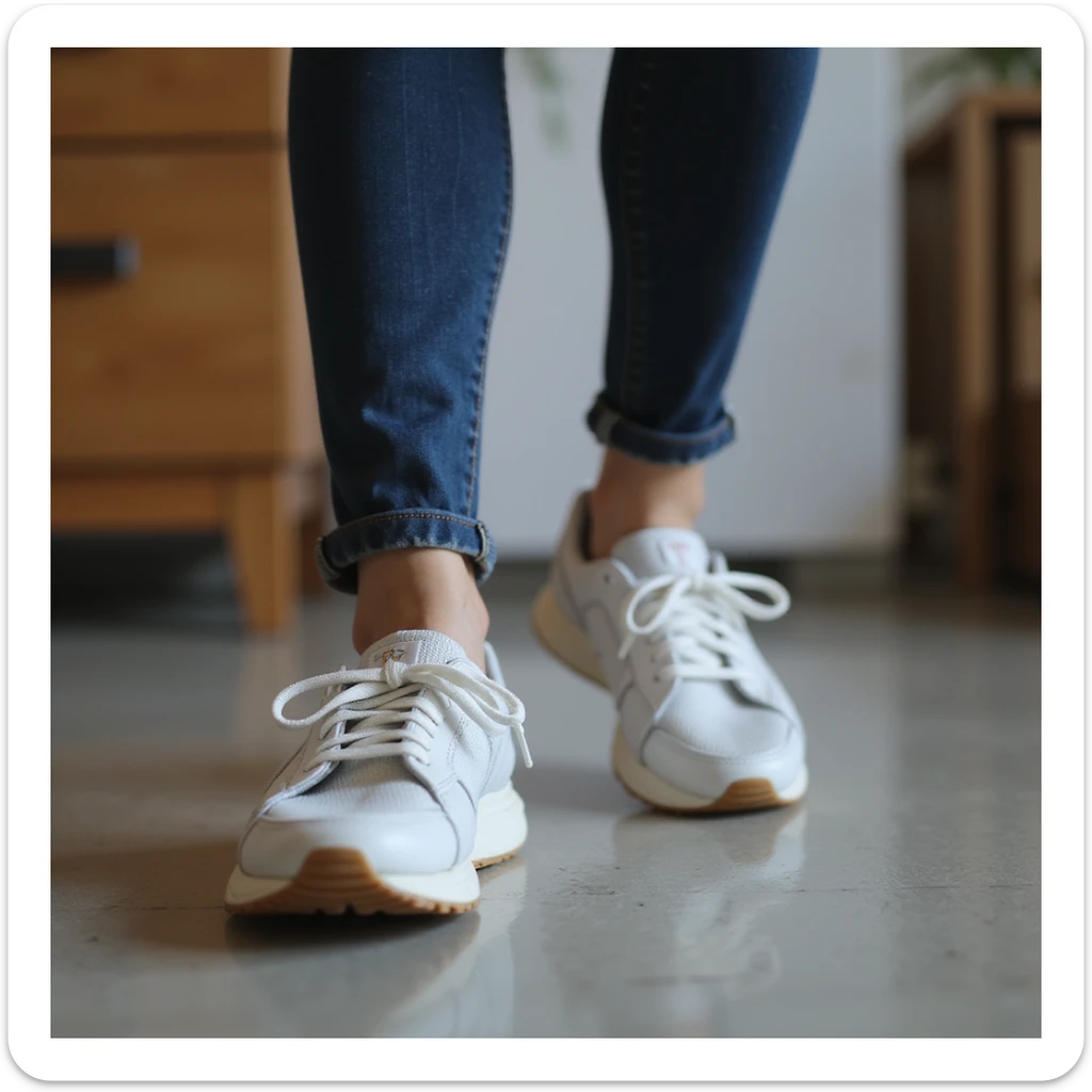 realistic 4K woman wearing sneakers with visible insole, slight frustrated expression while walking indoors sticker