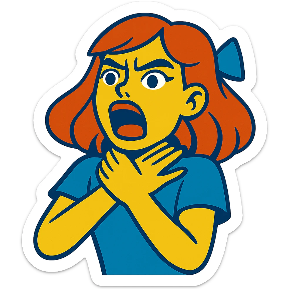 girl expressing intense emotion with hands near her neck, dramatic facial expression, vibrant toon style sticker
