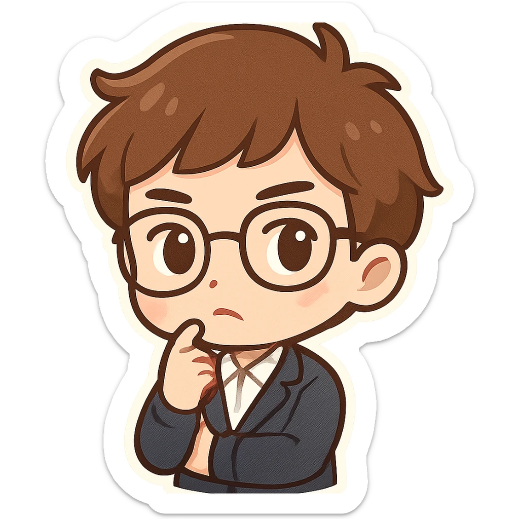 chico de cabello castaño y piel blanca, con una pose de inteligente, expresión pensativa, estilo chibi stickers sticker