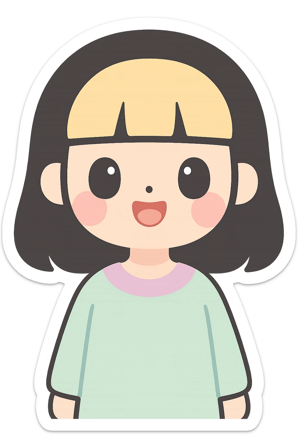 illustration of a girl with straight black hair and blonde bangs, character illustration style sticker