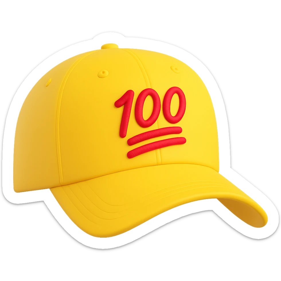 Embroider the red 100 emoji on the front of the yellow baseball cap in the style of microsoft 3D fluent emojis, with no background. sticker