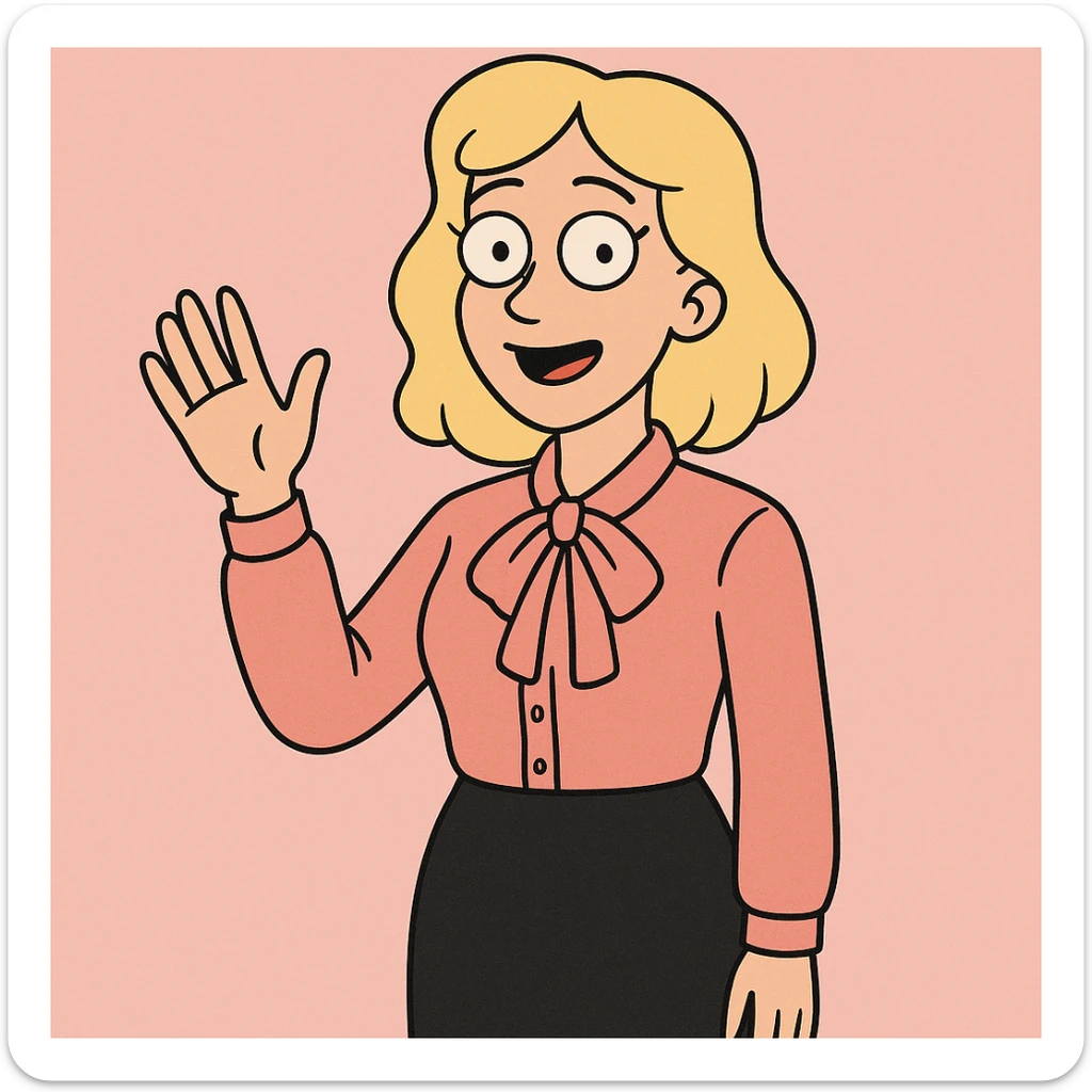 A woman light yellow hair Sky pink Flavia Pussy Bow Blouse Black Numana Straight Skirt a hand say hello sticker