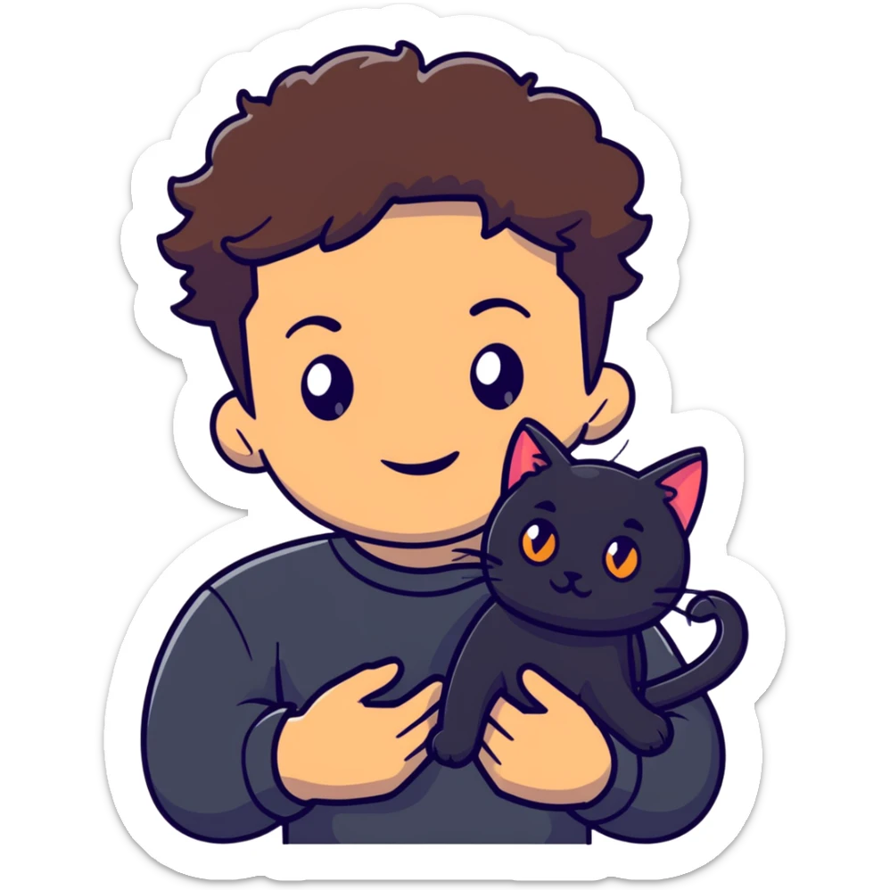 young male with brown light skin, slightly curly hair, holding a black cat sticker