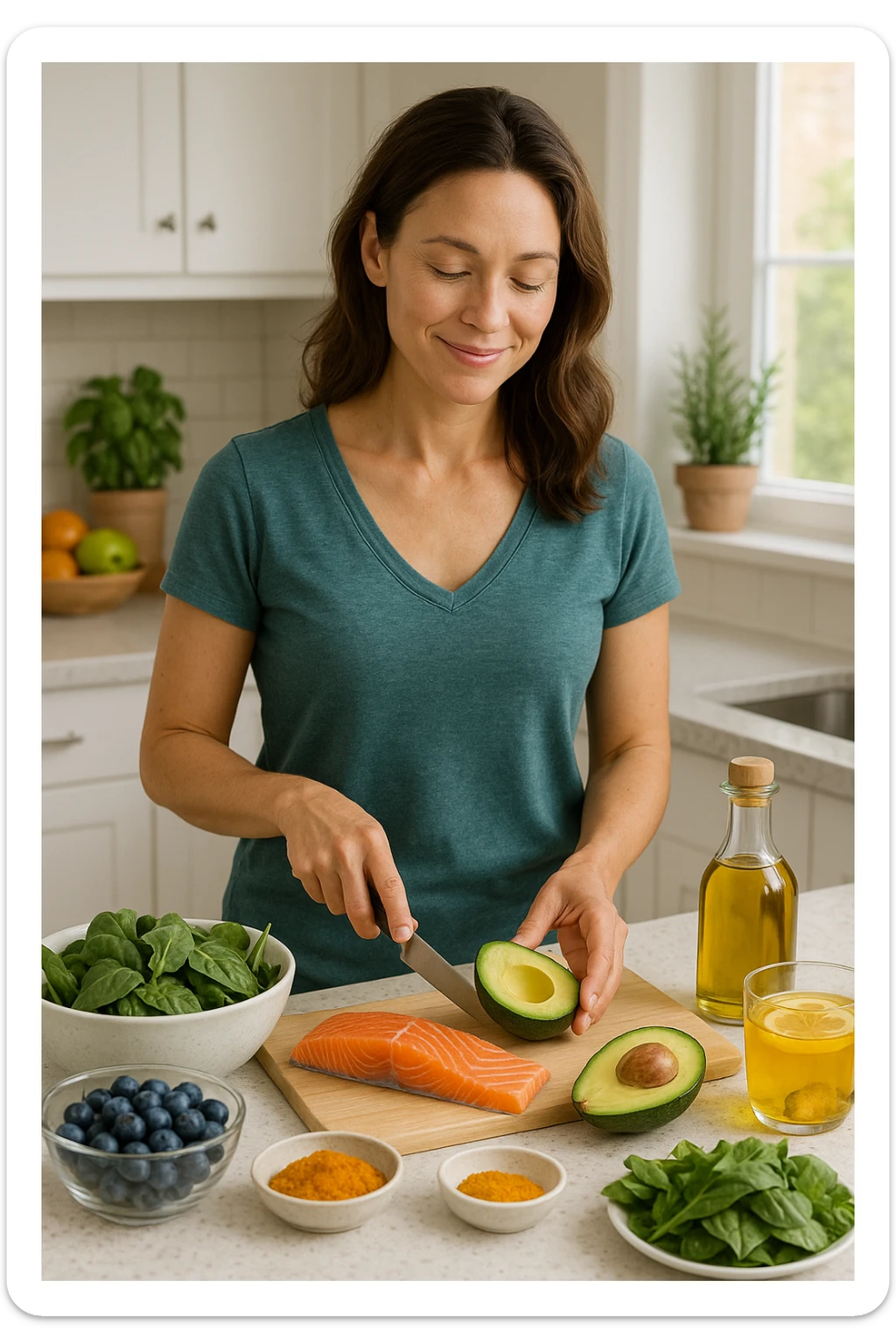 Donna tra i 30 e i 40 anni in una cucina luminosa, serena e sorridente, mentre prepara un pasto a base di cibi antinfiammatori: avocado, mirtilli, salmone selvaggio, verdure a foglia verde, olio d’oliva, curcuma. Il piano cucina è ordinato, ricco di colori naturali. Sullo sfondo: erbe fresche, frutta, una tisana allo zenzero. La donna appare in forma, rilassata e consapevole delle sue scelte. Atmosfera calda e armoniosa, luce naturale. Stile realistico, tono positivo e ispirazionale sticker