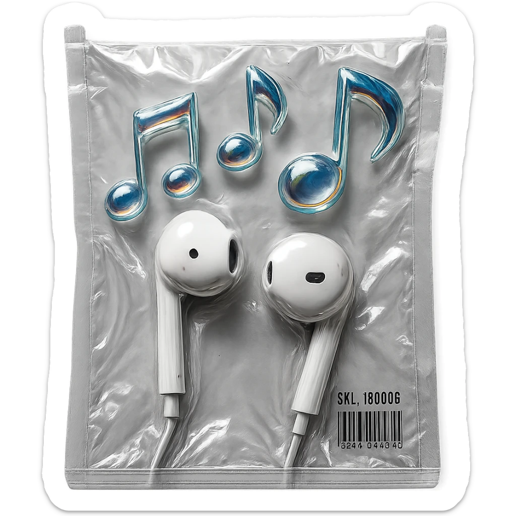pair of white EarPods with three floating iridescent glass music notes, shiny and puffy, vacuum-sealed style sticker