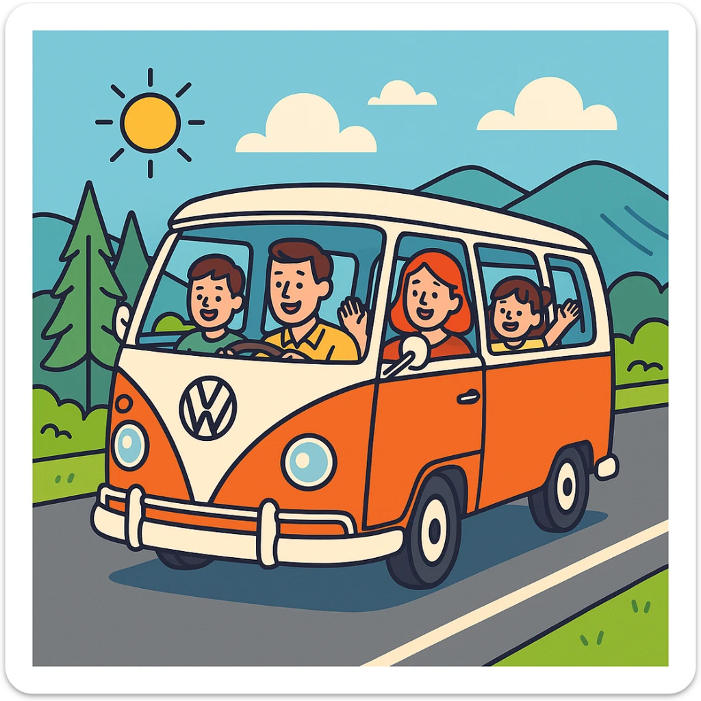 color vector art with thin outline of family on road trip with volkwagon van  sticker