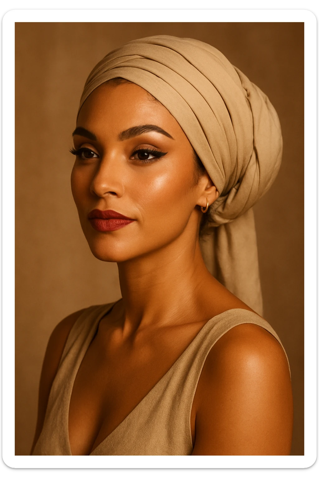 a tanned skin woman with a headscarf and makeup, elegant and expressive sticker