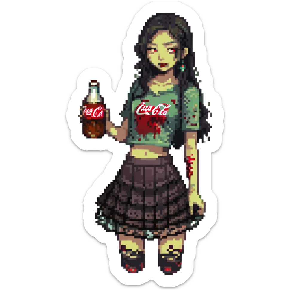 Generate an Asian girl, dark-haired, she's a zombie, wearing a skirt with lace, slightly torn,

Holding a bottle of Coca-Cola in her hands.

Background - a dark street in the style of Gotham City. sticker
