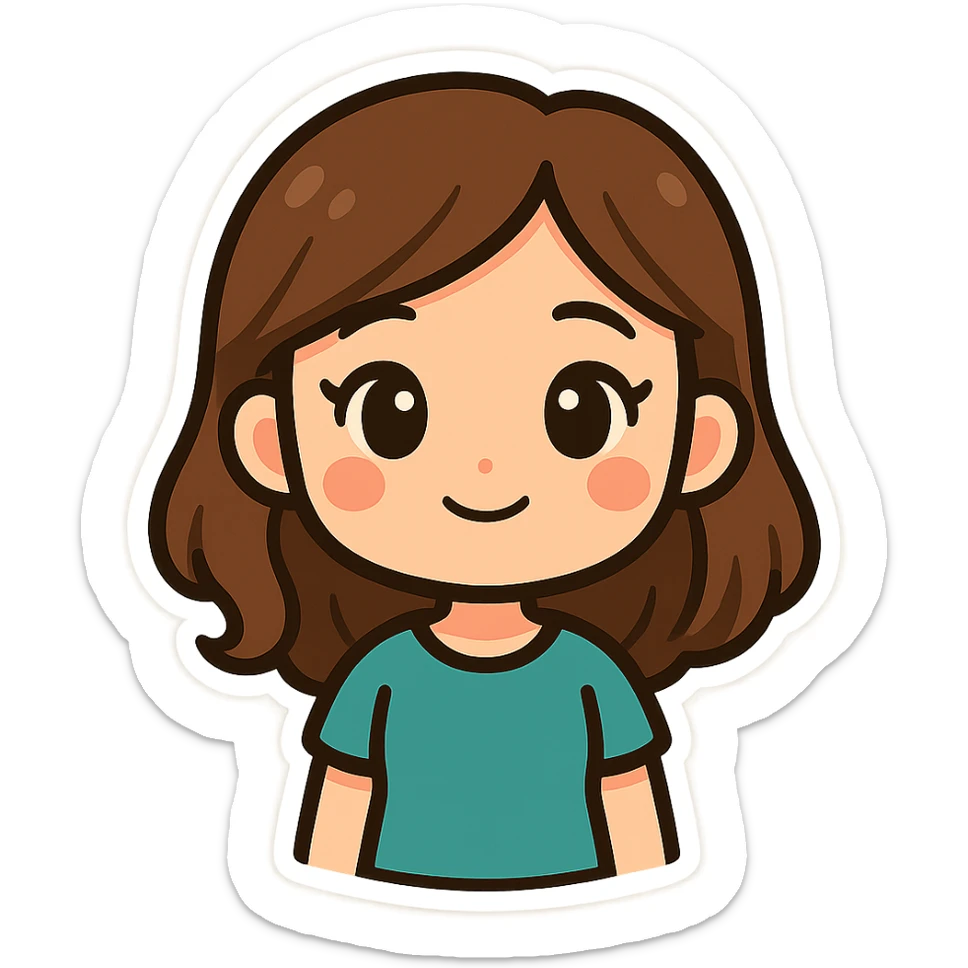 sticker illustration of a girl from a photo, cute cartoon style combining Bitmoji and chibi, simplified facial features, large expressive eyes, flat vector coloring, clean bold outlines, soft shadows, consistent character design, front view, white background sticker