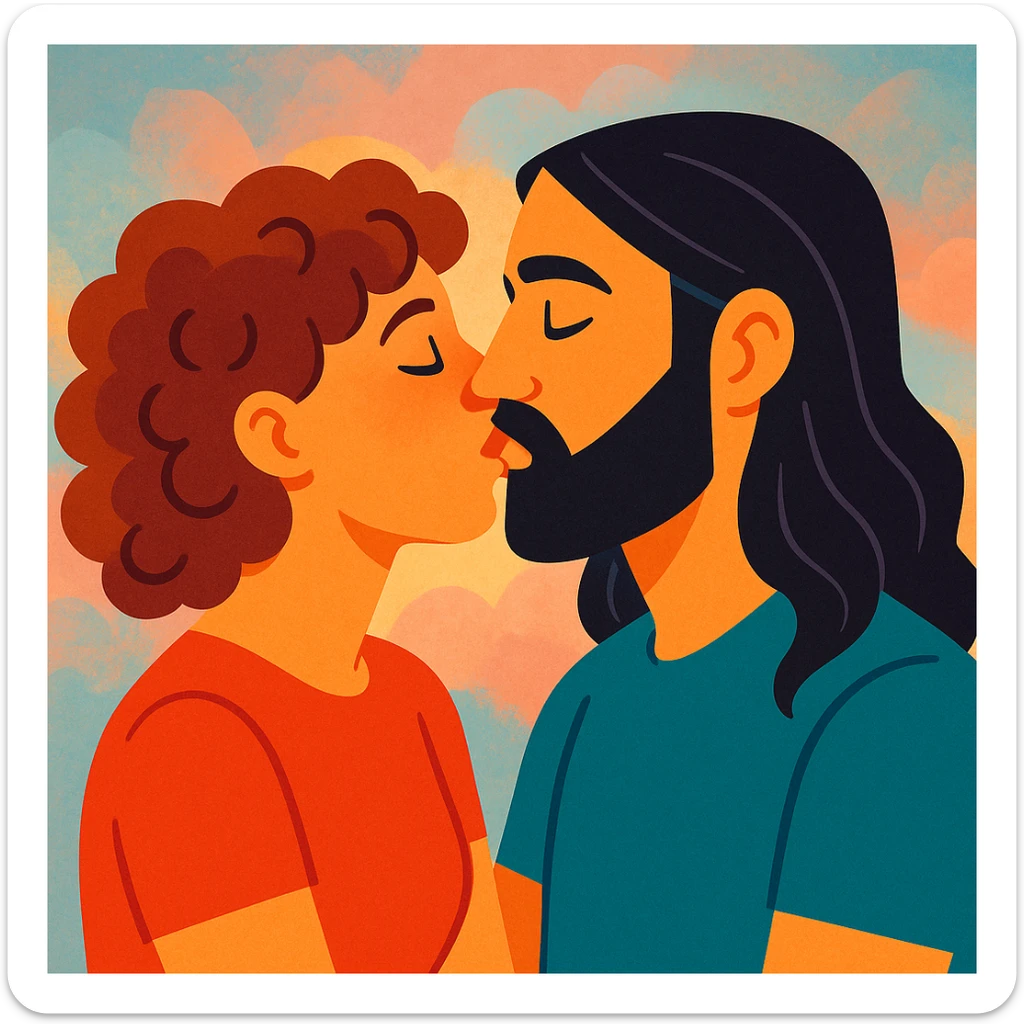 expressive illustration of a white woman with curly brown hair and a white man with long hair and a black beard kissing, soft background, romantic atmosphere sticker