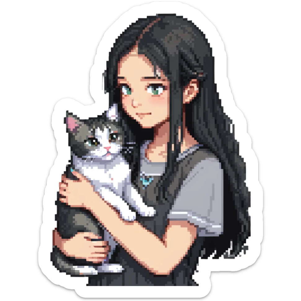 Beautiful girl with long black hair petting a gray and blonde mixed cat sticker