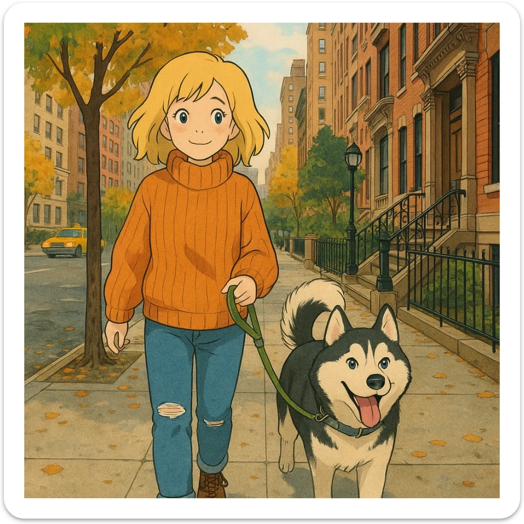 Cute Blonde woman wearing a sweater walking a happy Siberian husky in New York City on an upper east side city sidewalk  sticker