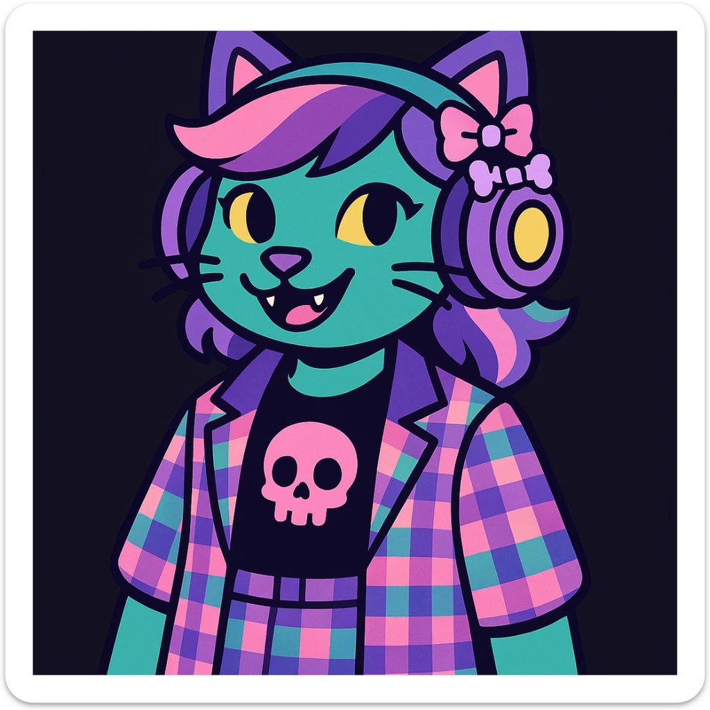 Add cute pastel goth hair clips to the cat ear headphones, keep the style and background as is. Maintain the original look and feel of the image. sticker