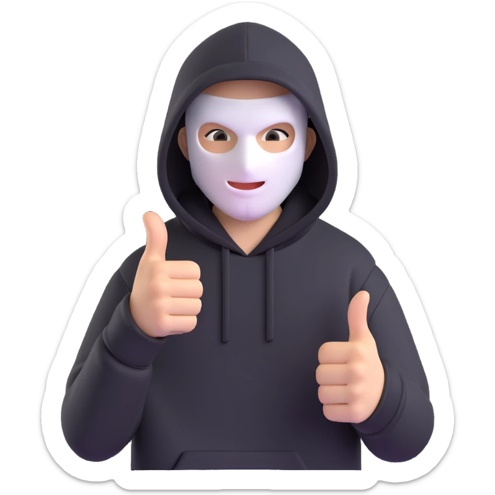 A person in a black hoodie giving a thumbs up, with the face replaced by a white mask, in 3D style, no background. sticker