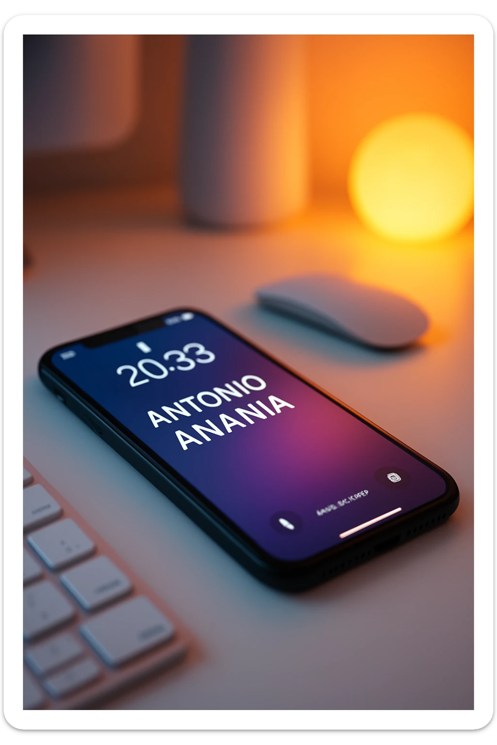 A photo of an iPhone on the desk with the message "Antonio Anania" on its screen, The phone sits atop a desk with a blurred background that suggests work environment. A faint glow from above casts gentle shadows across the surface of each object, creating depth and highlighting their textures sticker