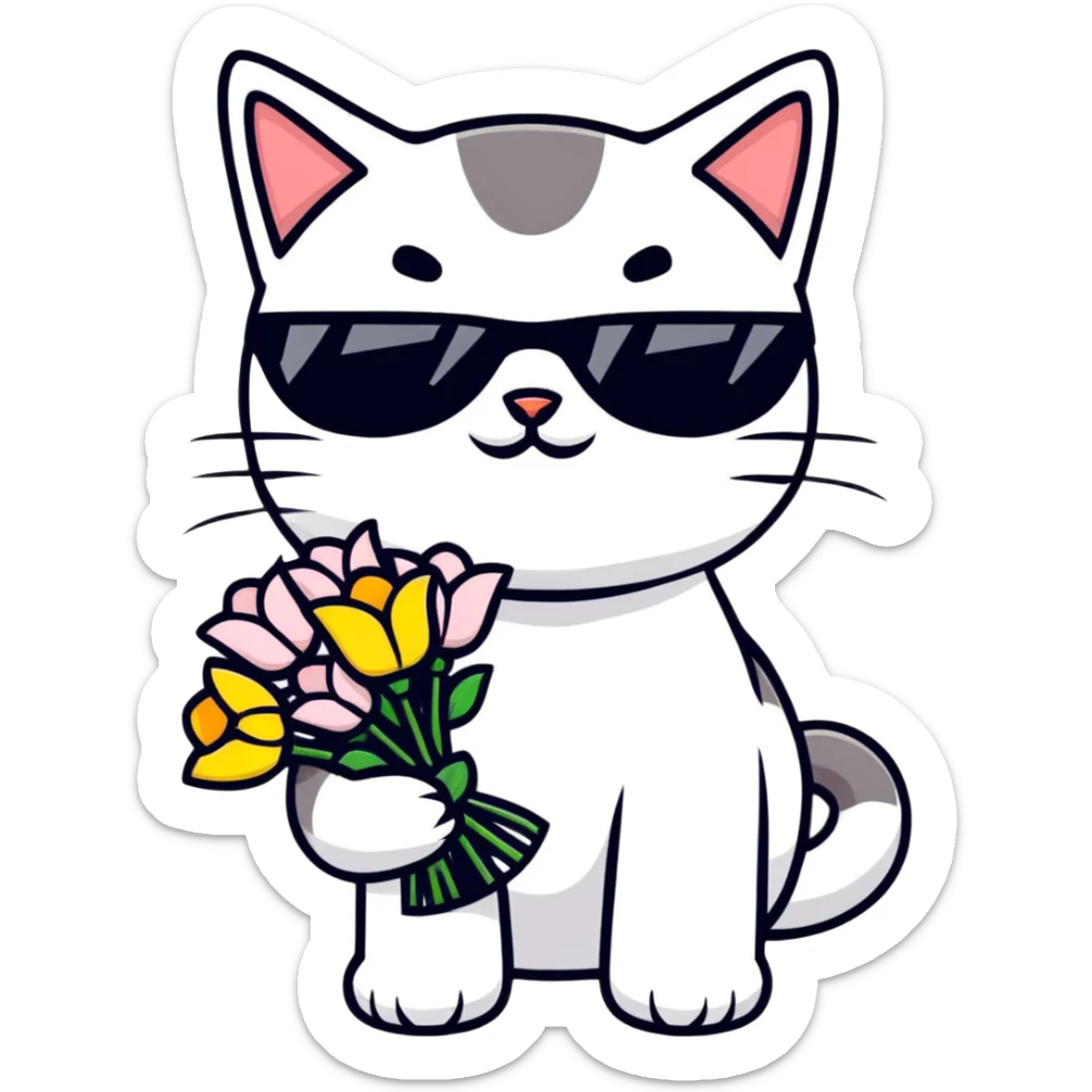 cat wearing sunglasses holding a bouquet of flowers sticker