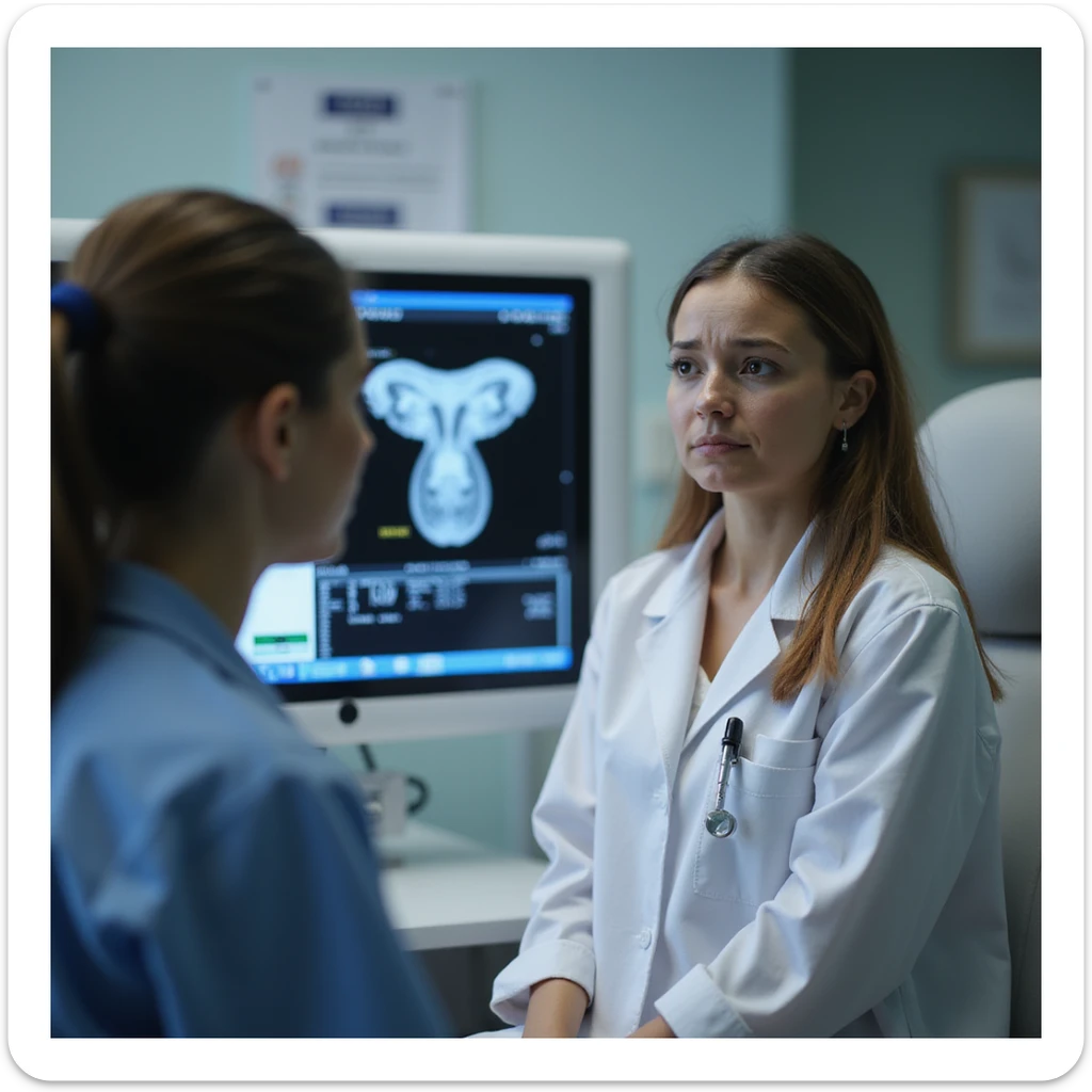 young woman in gynecological clinic, worried expression, doctor showing ultrasound with polycystic ovaries, realistic atmosphere, medical details, medical office background, 4K quality sticker