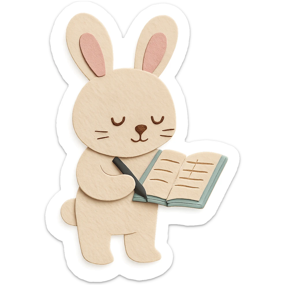 flawless, highly detailed, high quality paper craft style illustration of a cream-colored bunny standing and writing in a planner, perfect proportions, no imperfections, intricate textures, soft lighting, delicate cut-paper details sticker