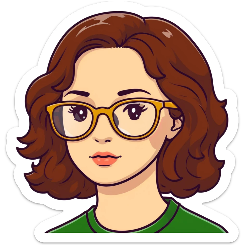 woman with pale skin, brown wavy hair, green eyes, gold glasses sticker