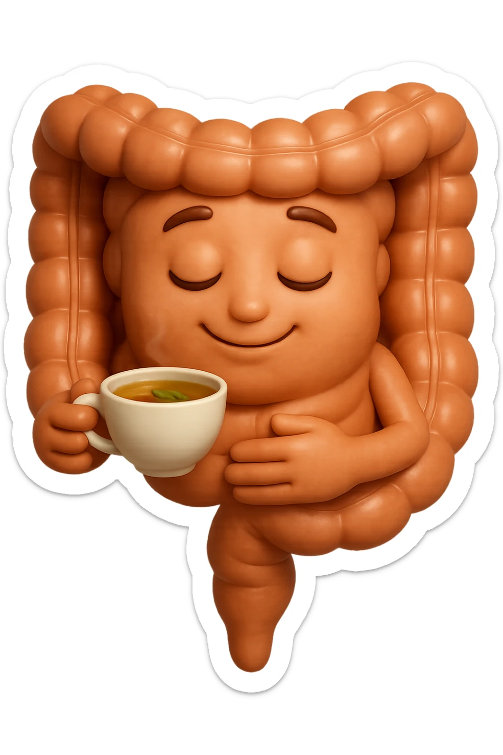 emoji stile iphone 3d di intestino umano sereno che si tocca la pancia mentre sorseggia un thè alle erbe, iperrealistico 4k sticker