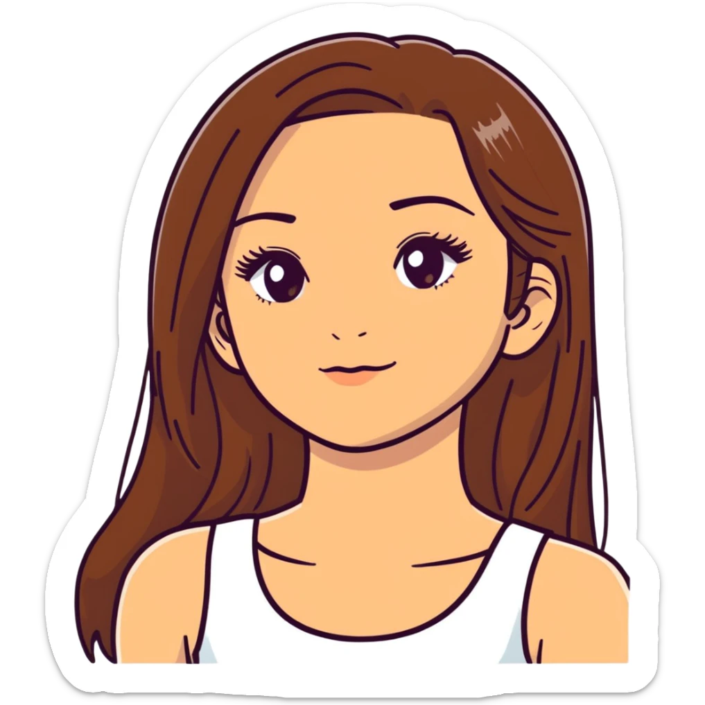 beautiful girl, long straight brown hair, brown eyes with lashes, wearing a white crop top, tan skin sticker