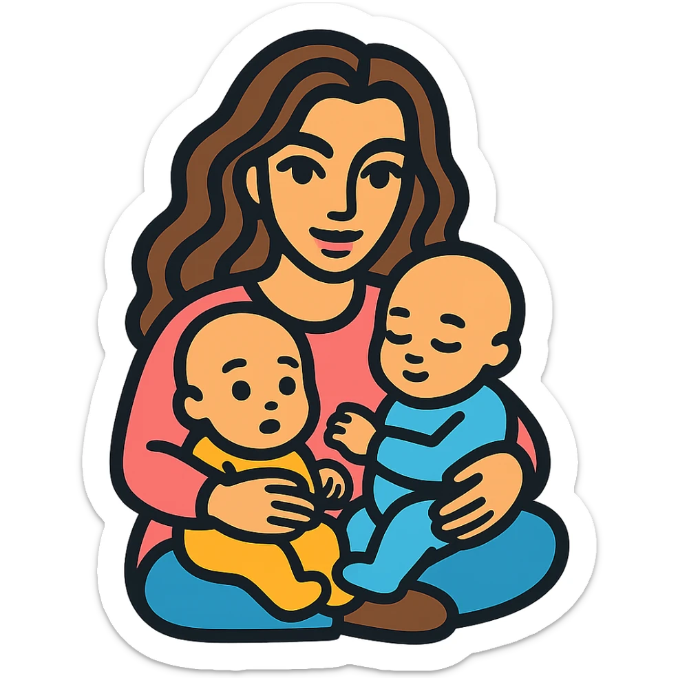 Create a variation of a woman holding two infants in her arms, with detailed facial features, expressive eyes and lips with shadows and highlights, and long wavy hair. The style is icon-color-outlined with a retro sticker vibe. The background should be transparent. sticker