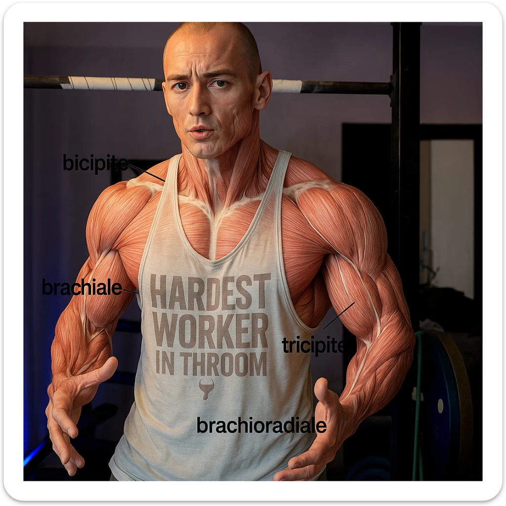 Highlight the muscle fibers of the man's body in the reference photo in a realistic anatomical style, maintaining the original pose and expression. Add labels in Italian for the arm muscles: bicipite, tricipite, brachiale, brachioradiale. sticker