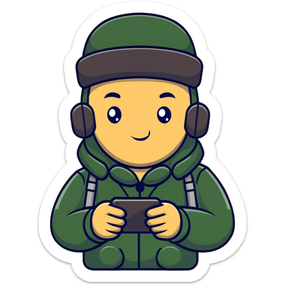 Russian military blogger wearing an ushanka hat and a vatnik, holding a smartphone sticker