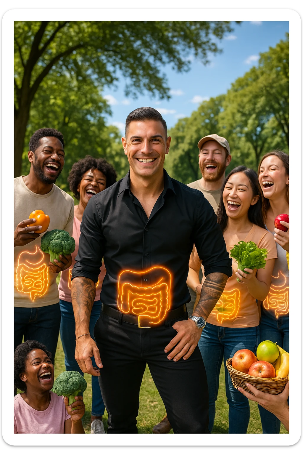  a smiling man stands at the center of a group of diverse, happy people in a bright park. Everyone has a subtle, glowing outline around their abdominal area, symbolizing a healthy gut. The group is laughing, sharing fresh fruits and vegetables, and the atmosphere is vibrant and full of energy. sticker