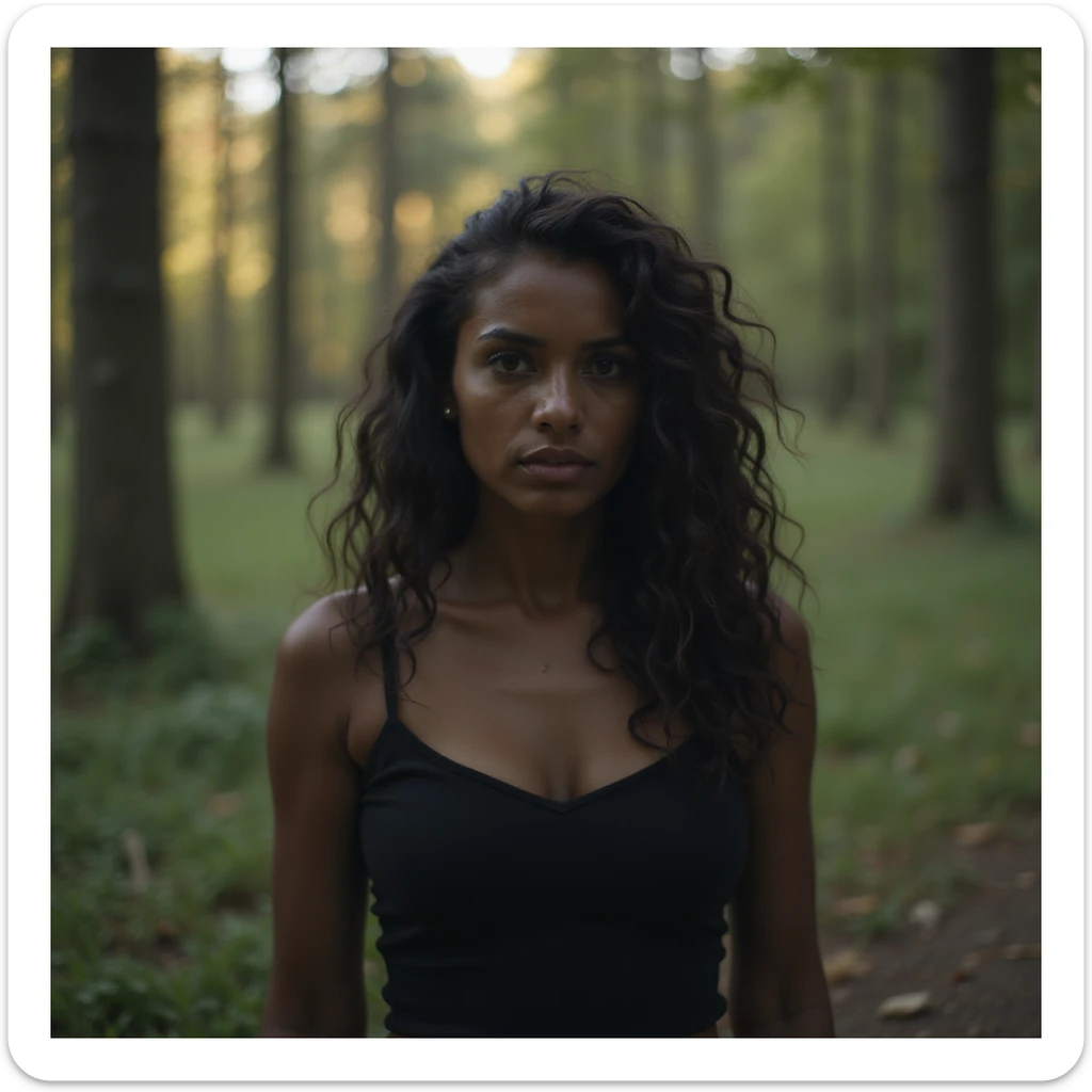 black woman in a forest, natural lighting and detailed background, photorealistic style sticker