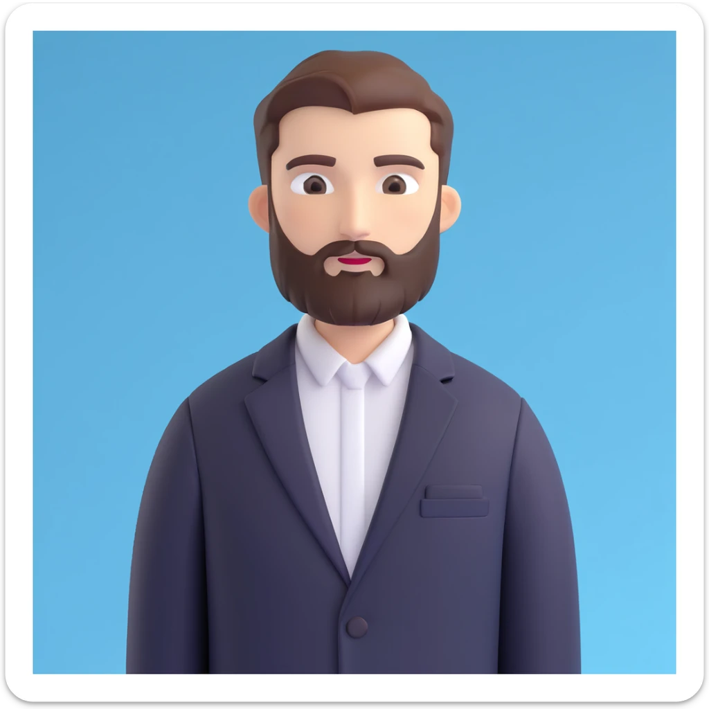 3D emoji style man with close-cropped haircut and beard, dressed in a black blazer and white shirt, blue background with a white branch graphic sticker