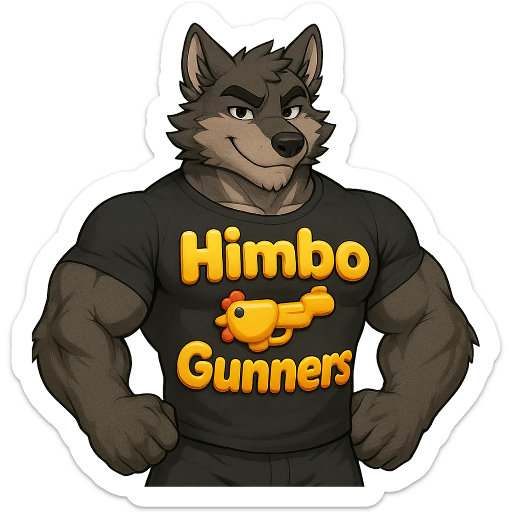muscular wolf furry wearing a t-shirt that says 'Himbo gunners' in 3D emoji style sticker