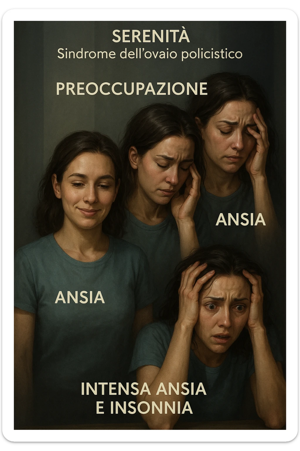 vertical realistic illustration in Italian: progression of anxiety in a woman with polycystic ovary syndrome, from serenity to intense anxiety and insomnia. Clinical atmosphere, dramatic lighting, Italian captions, aspect ratio 2:3. sticker