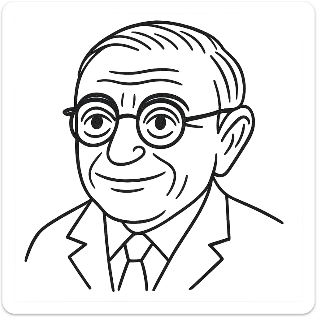 Reduce the number of strokes in the Jean-Paul Sartre black outline drawing, keeping it detailed and hand-drawn but with cleaner, more economical linework. Maintain the neutral smile, round glasses, and transparent background. sticker