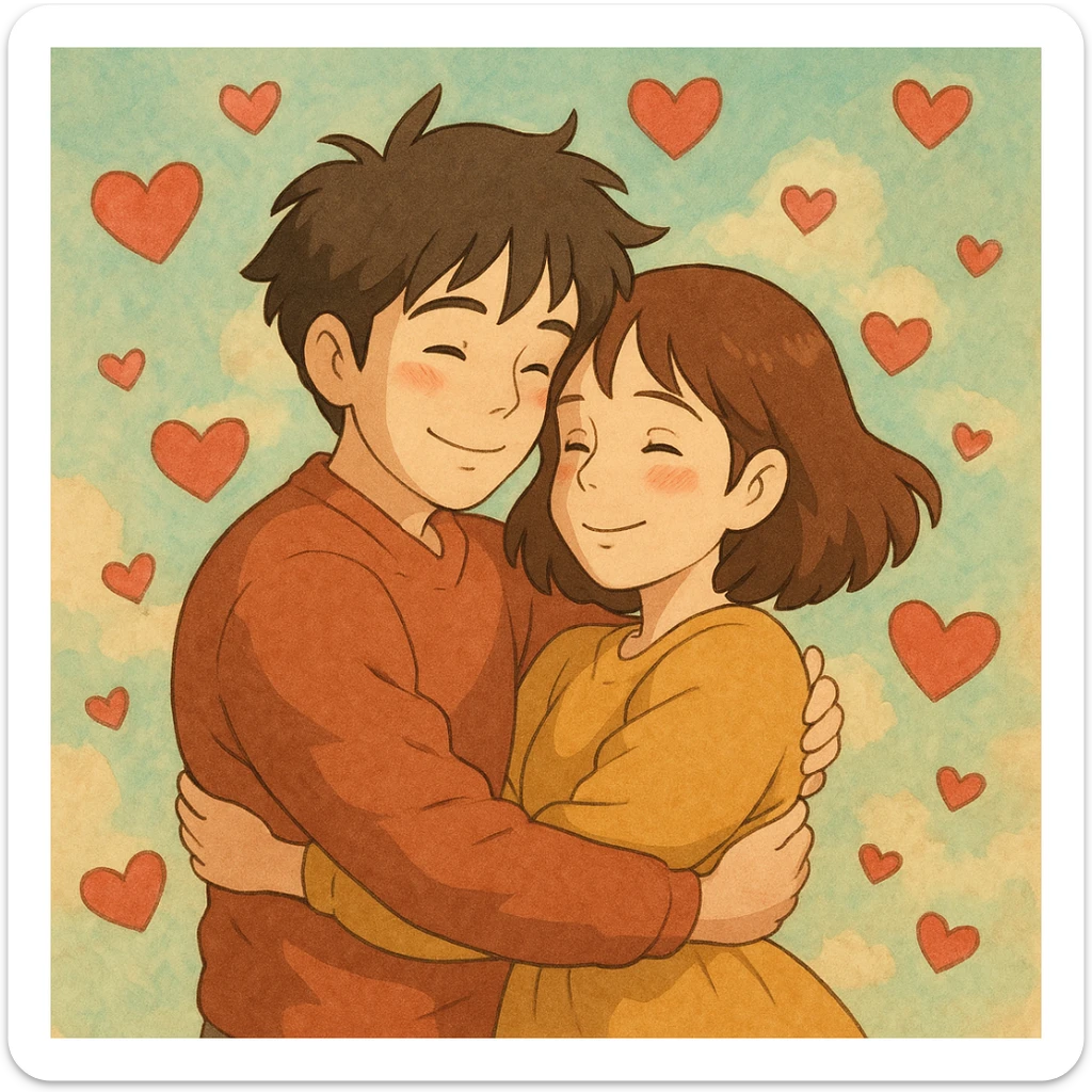 man and woman in love hugging surrounded by hearts with soft colors and whimsical atmosphere in ghibli style sticker