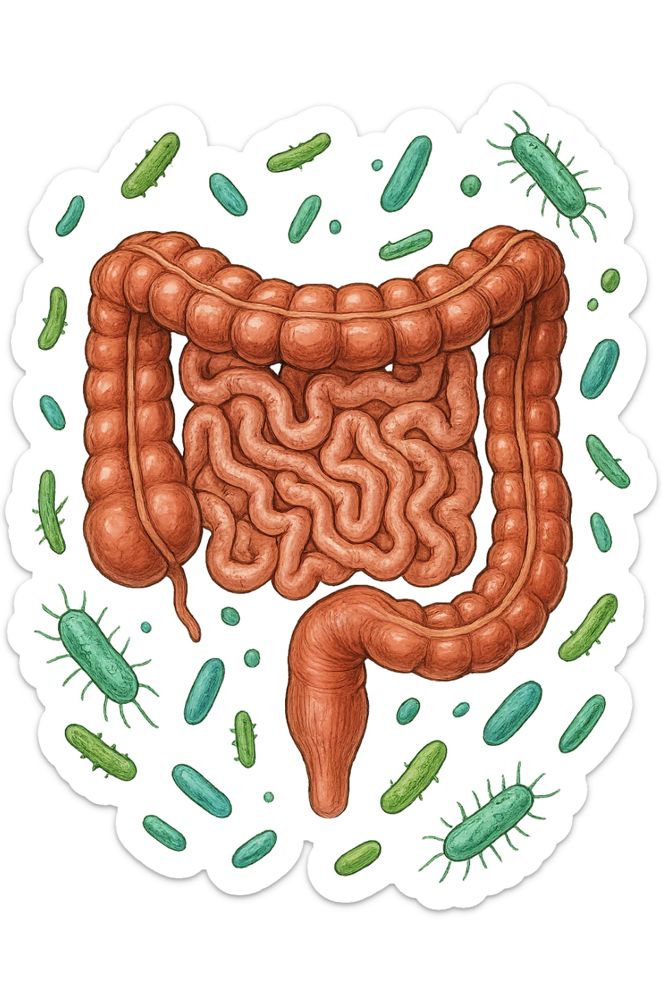 intestino umano anatomico con qualche batterio intestinale che gli fluttua intorno, ISOLATO SU SFONDO BIANCO sticker