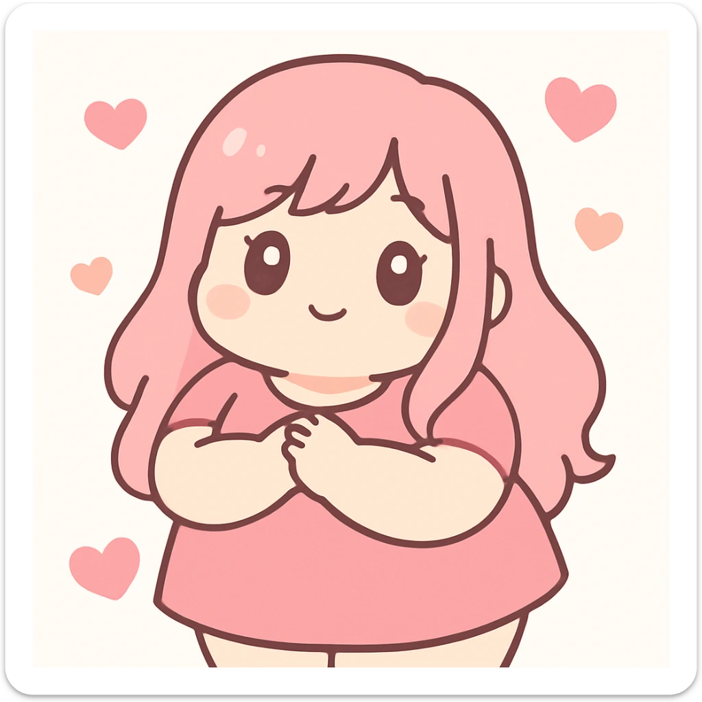 bbw anime girl surrounded by floating hearts, kawaii anime style, pink and red color palette sticker