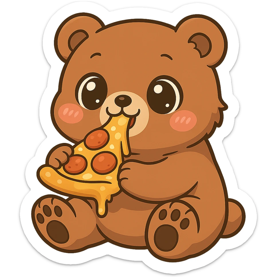 Make the anime style bear eating pizza cuter by giving it bigger eyes and a rounder face. Keep no background. The style should remain anime-like. sticker