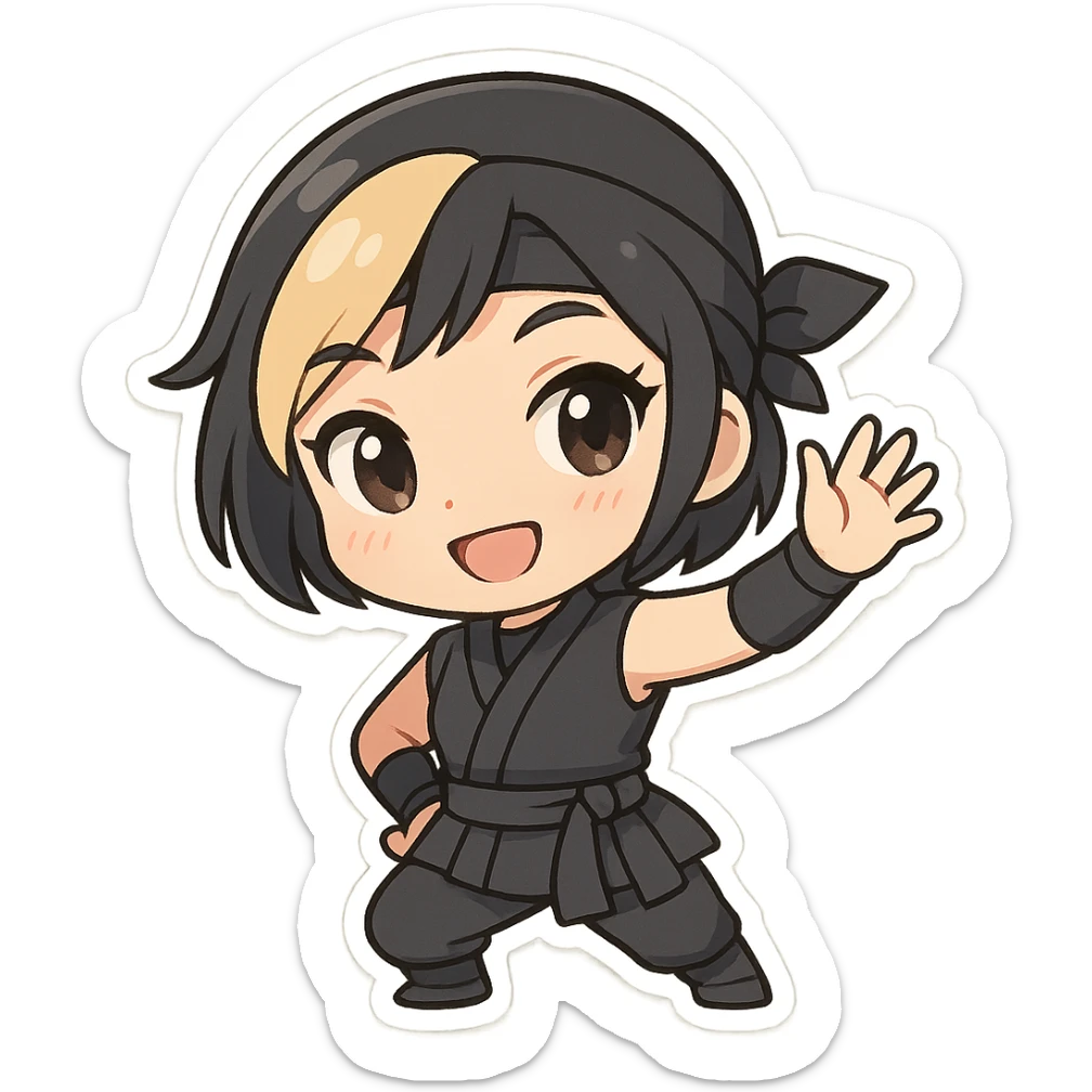 Chibi ninja girl with black short hair and a blonde streak, big head, small body and arms, not overly round or infant-like, cute and playful, anime-style face with large expressive eyes, small nose and mouth, subtle blush, hand fully raised, waving to the right, smiling, pastel colors, soft shading, clean outlines, no mask, transparent background, face looks sexy with slightly parted lips, confident gaze, longer lashes, subtle contouring, for animation frame 4 sticker