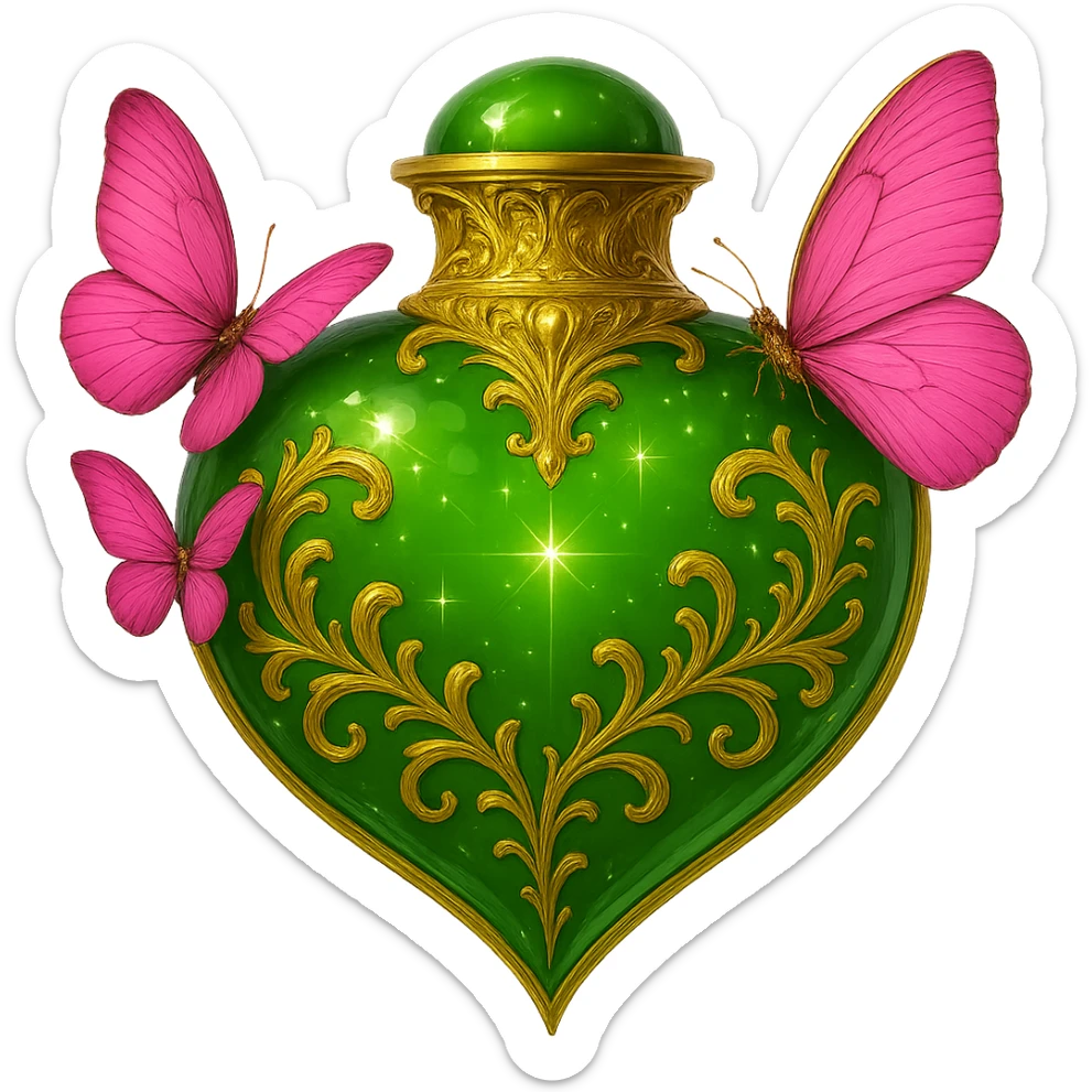 A crystal green heart-shaped bottle with golden details and pink butterflies, hanging in the air with no base or shadow. The bottom part is elegantly and seamlessly connected, with a transparent background. The design remains crystal clear and elegant, with no additional elements. sticker