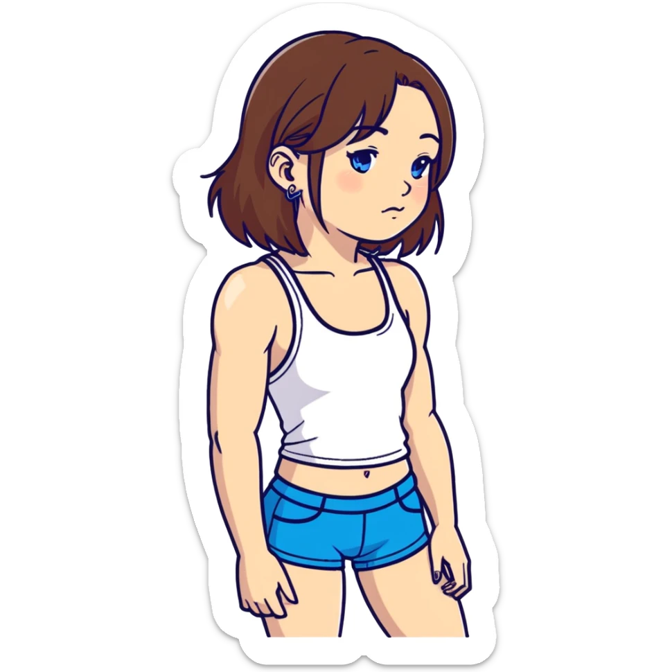 white girl with brown hair, septum piercing, nose piercings, black tank top, blue booty shorts, thin build, defined jaw sticker