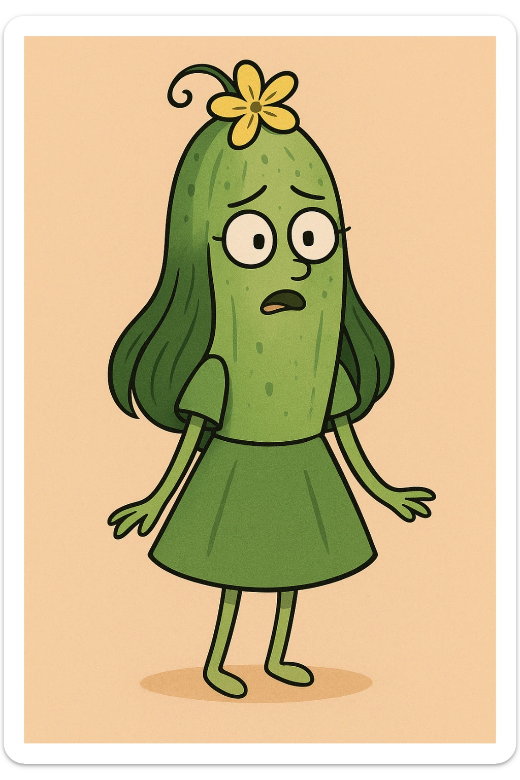 a cucumber with a girl's features, including long hair and a dress, cartoon style sticker