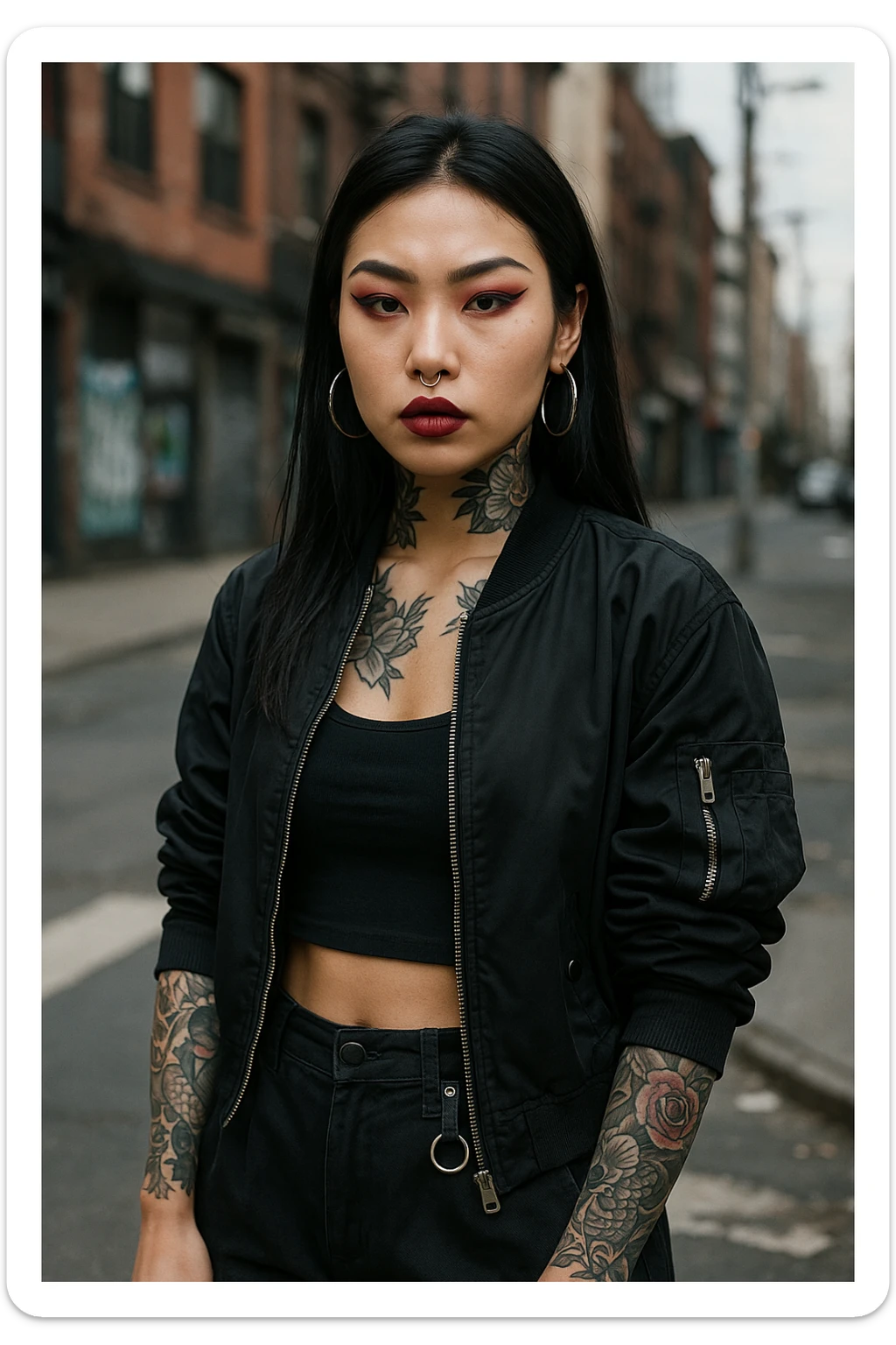 asian girl with arm and neck tattoos, edgy streetwear, bold look sticker