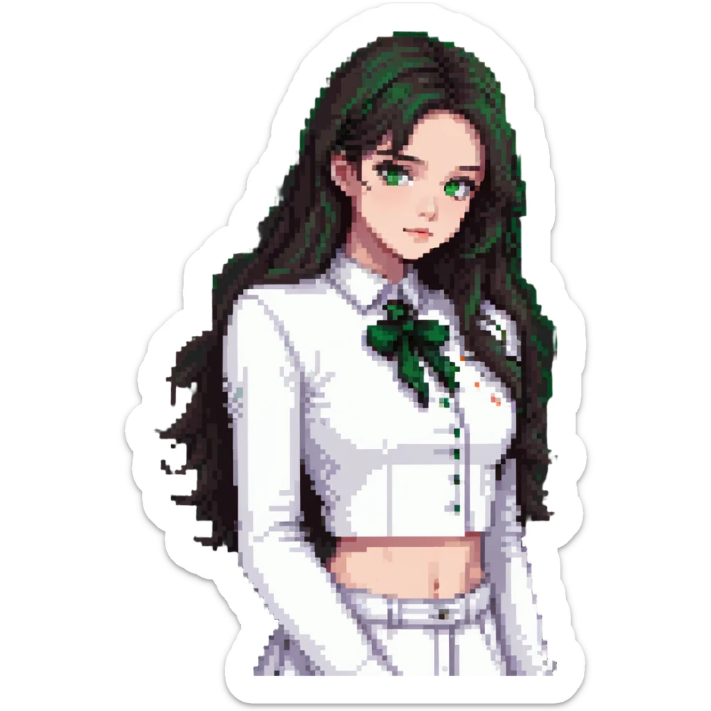 menina bonita, cabelo escuro, pele clara, olhos verdes, roupa branca estilosa sticker