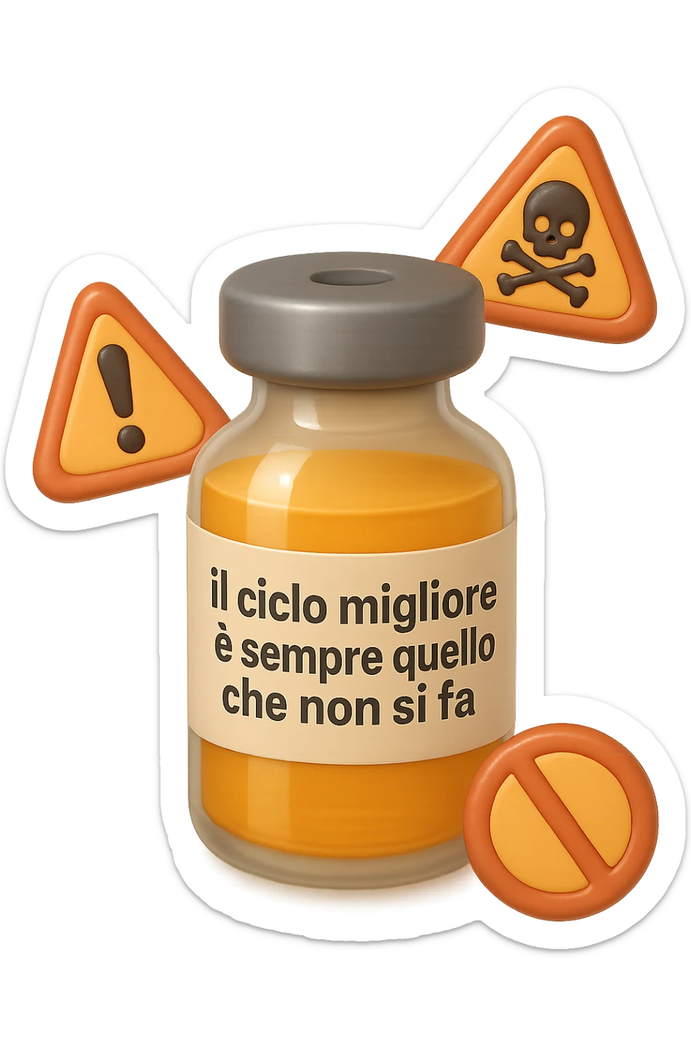 SU QUESTO STILE FAI UN EMOJI STILE IPHONE 3D DI UNa boccetta di fiala medica attorno alla quale fluttuano segnali di pericolo, sull'etichetta della boccetta c'è scritto "il ciclo migliore è sempre quello che non si fa", FALLO MOLTO REALISTICO IN 3D sticker
